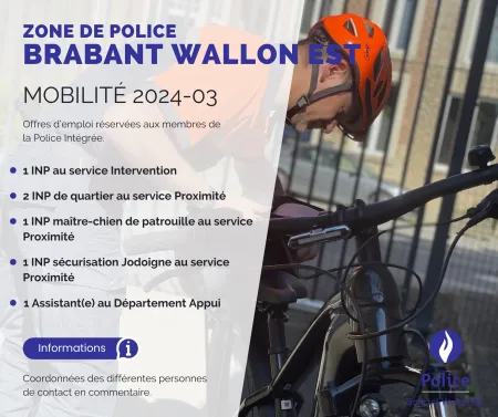 Annonce de mobilité 2024-03 pour la zone de police Brabant Wallon Est, listant des offres d'emploi réservées aux membres de la Police Intégrée.