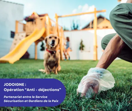 Une personne ramasse une déjection canine sur une pelouse, avec un chien et une aire de jeux en arrière-plan. Texte sur une opération anti-déjections à Jodoigne.