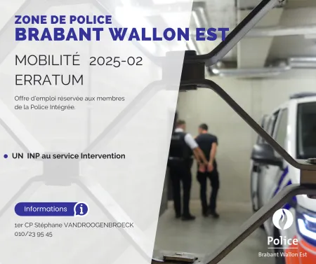 Affiche pour une offre d'emploi d'Inspecteur de police au service Intervention. Mobilité 2025-02 ERRATUM.