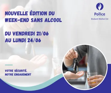Affiche annonçant un week-end sans alcool du 21/06 au 24/06, avec une image de personnes se passant des clés de voiture.