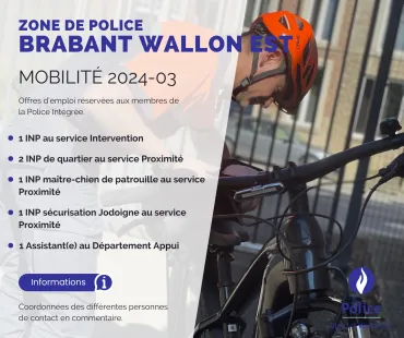 Annonce de mobilité 2024-03 pour la zone de police Brabant Wallon Est, listant des offres d'emploi réservées aux membres de la Police Intégrée.