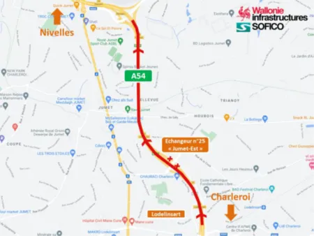 carte de la A54 avec le tronçon en travaux