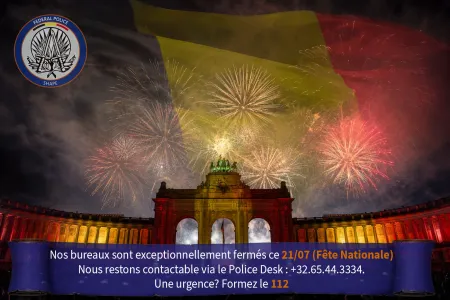 Fermeture exceptionnelle des bureaux de la Police Fédérale SHAPE ce 21/07 (Fête Nationale). Nous sommes contactable via le Police Desk : +32.65.44.3334. Une urgence? Formez le 112
